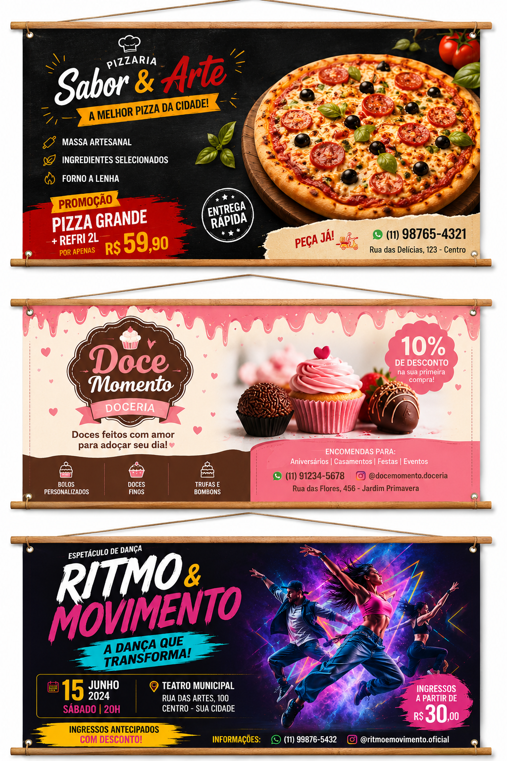 Banner em Lona com Ilhoiz ou madeira com cordinha
